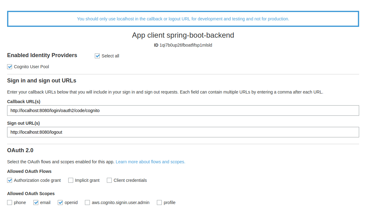 App client settings OAuth2 AWS Cognito