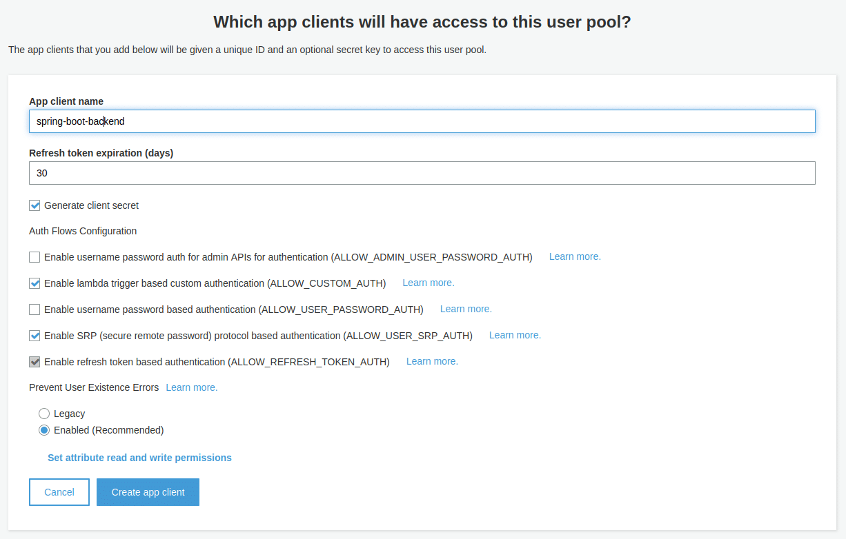 Create app client AWS Cognito