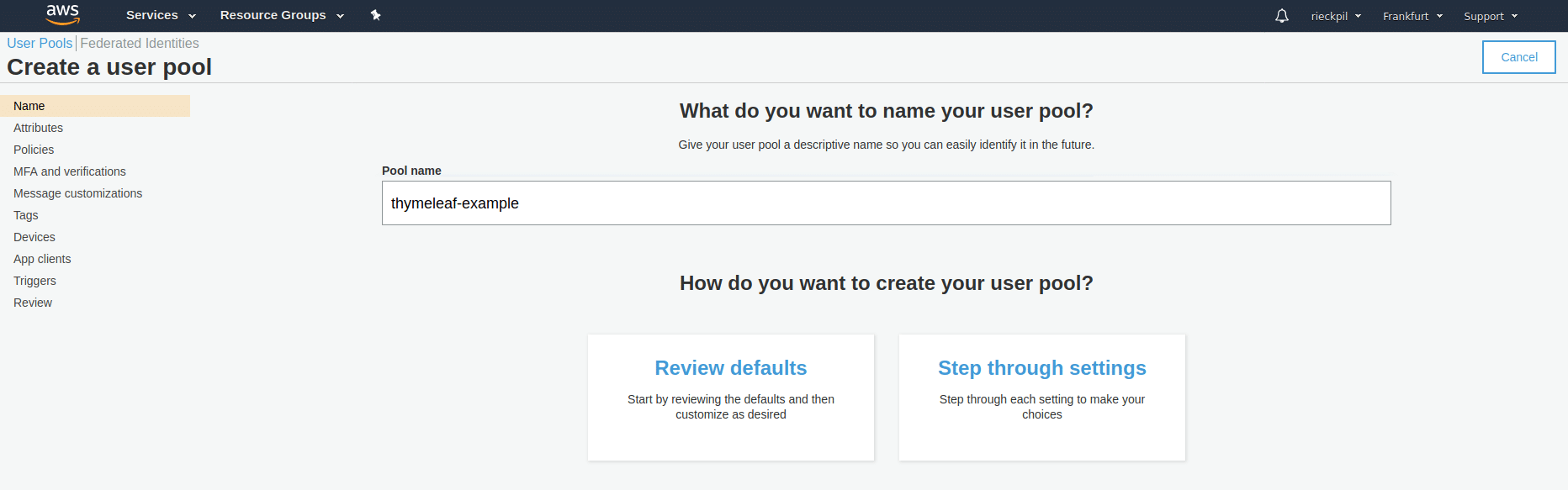 Create a new AWS Cognito User pool